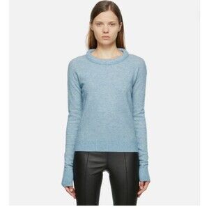 Helmut Lang Wool Padded Neck Sweater sz S Pullover Blue Eclectic Glam Luxe $345